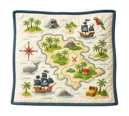 Lightweight quilt with a pirate treasure map design ideal for imaginative play in a child's room.