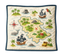 Lightweight quilt with a pirate treasure map design ideal for imaginative play in a child's room.