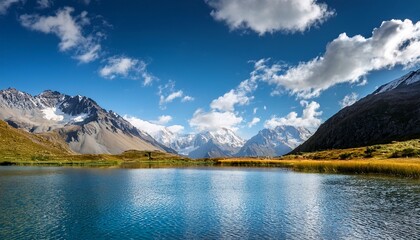 scenic lake landscape under blue sky with white clouds and mountain background