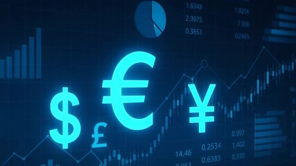 A futuristic digital display showcasing major currency symbols, emphasizing global finance and trading trends. Ideal for illustrating economic concepts in a modern context. - Powered by Adobe