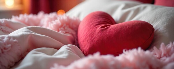 Cozy Plush Heart Pillow on Luxurious Bedding Romantic Valentines Day Bedroom Decor