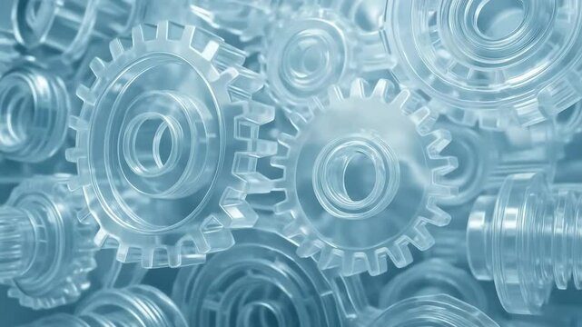 An abstract close-up of transparent gears interlocked in a seamless pattern