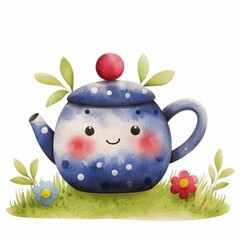 Smiling Blue Polka Dot Teapot in Watercolor Style