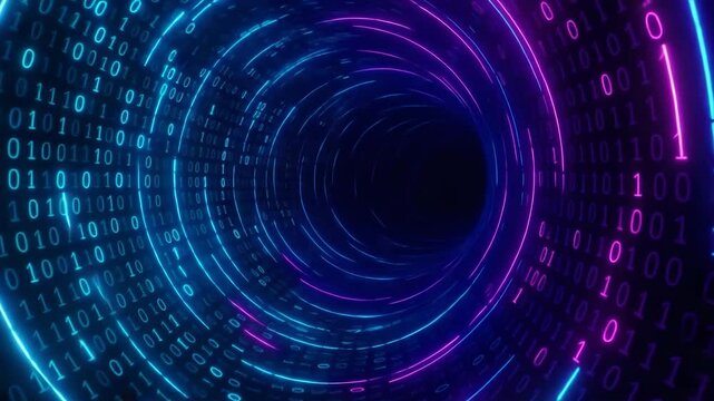 A vivid digital representation of a tunnel made of binary code, showcasing a futuristic design with blue and purple hues, symbolizing the concept of data flow and technology advanc