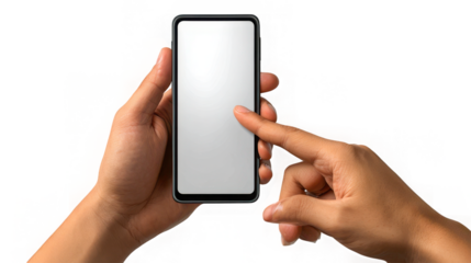 Close up of hands interacting with a modern smartphone screen isolated on transparent background