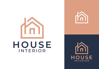 H house line art logo. interior home building creative architecture icon design concept