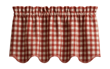 A classic gingham check valance with a scalloped edge, suitable for a country-style kitchen window.