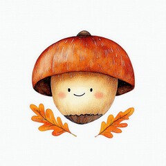 Smiling Cartoon Acorn with Autumn Leaves on White Background