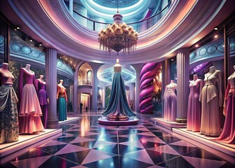 Surreal Elegant Shopping Mall Wallpaper: Fashionable Clothing Displays