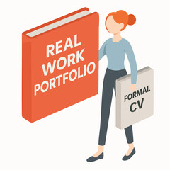 Isometric Style Professional Woman Holding Real Work Portfolio and Formal CV