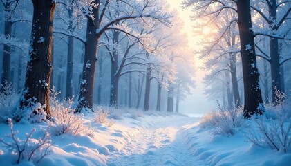 Magical Winter Forest Frosted Trees and Glistening Snowdrifts in a Tranquil, Ethereal Scene Perfect for Holiday and Fantasy Projects