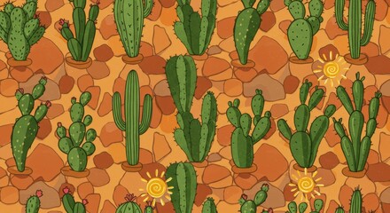 Colorful cartoon cactus pattern with sun and textured desert background