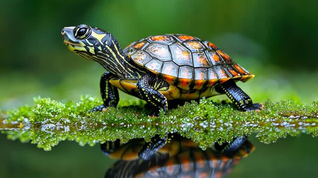 Tiny turtle perched on mossy leaf, reflection visible