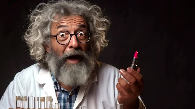 An elderly bearded professor demonstrates new lipstick while talking about new cosmetics, test tubes with colorful chemicals on table, camera zooming in on professor, funny footage about cosmetology