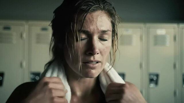 Woman in locker room with towel, touching wet hair after workout, emotional, introspective look
