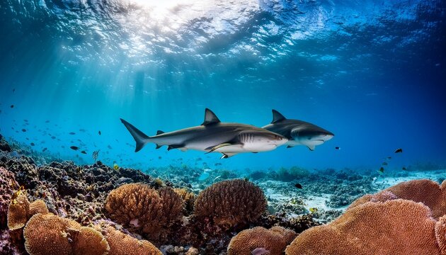 tiger sharks swimming over coral reef in clear tropical ocean