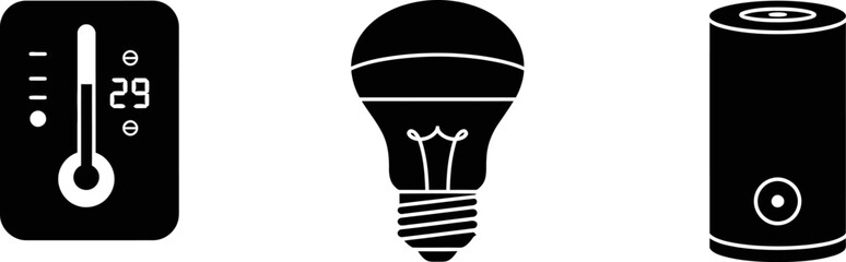 Home automation system icons: smart thermostat, led light bulb, and smart water heater vector icons vector
