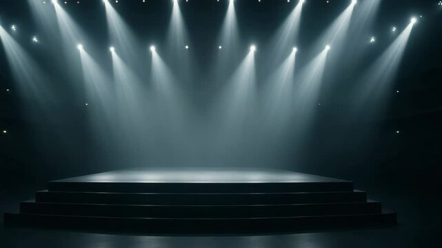 A dramatic stage illuminated by bright spotlights, creating an atmosphere of anticipation and excitement. Perfect for events, performances, and showcases where creativity shines.