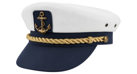 Isolated White Captain's Hat with Gold Anchor
