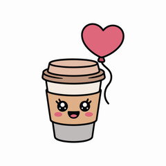 Cute kawaii coffee cup with smiling face, blushing cheeks, and pink heart balloon, adorable cartoon beverage illustration on white background for design
