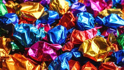 Fototapeta premium Colorful Candy Pile: A vibrant and enticing close-up shot of a large pile of colorful candy wrapped in shiny foil, perfect for backgrounds or festive themes.