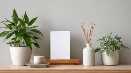 Still Life with Plants, Diffuser, Candle, and Blank Card on Wooden Surface