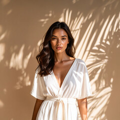 Editorial Portrait of Young Brunette Woman in White Dress with Palm Shadows