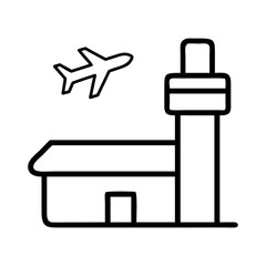 Airport terminal with control tower and airplane vector icon for travel and transportation designs