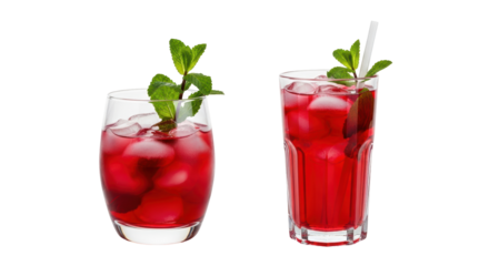 Isolated Two Glasses of Cranberry Juice with Mint and Straw