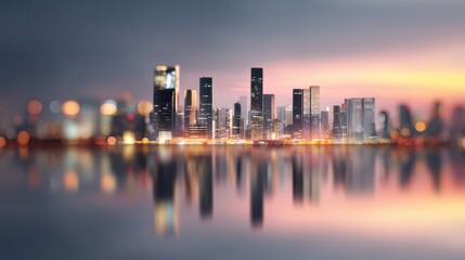 Obraz premium Urban skyline at twilight with reflections of buildings and lights on water creating a serene cityscape atmosphere