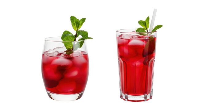 Isolated Two Glasses of Cranberry Juice with Mint and Straw