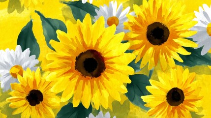 Vibrant digital-style painting showcasing bright yellow sunflowers with dark brown centers and textured petals, complemented by white daisies with yellow centers, 