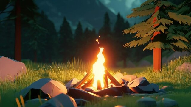 Low poly campfire in a tranquil forest at twilight