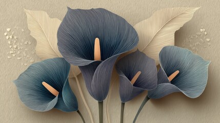 Stylized calla lilies with deep blue petals, orange-brown spadixes, arranged on a textured beige background, featuring fine parallel lines. Cream-colored elongated leaves with linear patterns behind, 