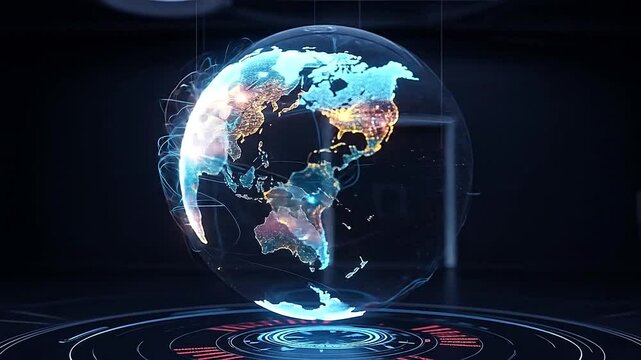 Digital dashboard showing animated holographic world map with glowing transitions - Powered by Adobe