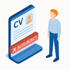 Isometric Illustration Man Standing Next to Automatically Rejected CV on Smartphone Screen