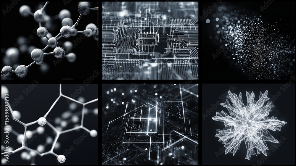 Poster Molecular structures and digital circuits blend in monochrome abstract collage, showcasing intersection of technology and science. intricate designs evoke sense of innovation and complexity