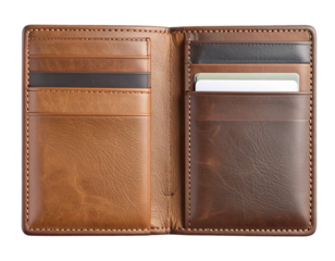 Open Simple Stitching Wallet Displaying Card Slots and Cash Compartment, Overhead View, Isolated on Transparent Background