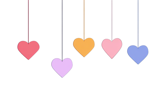 Five colorful hearts hang from thin strings against a black background