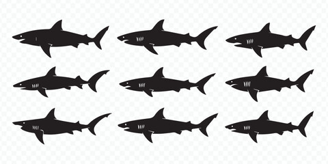nine black shark silhouettes in various swimming poses for marine and ocean design