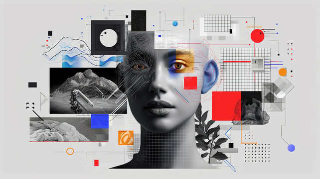 Digital collage featuring woman face with abstract geometric elements, vibrant colors, and monochrome textures, symbolizing integration of technology and creativity