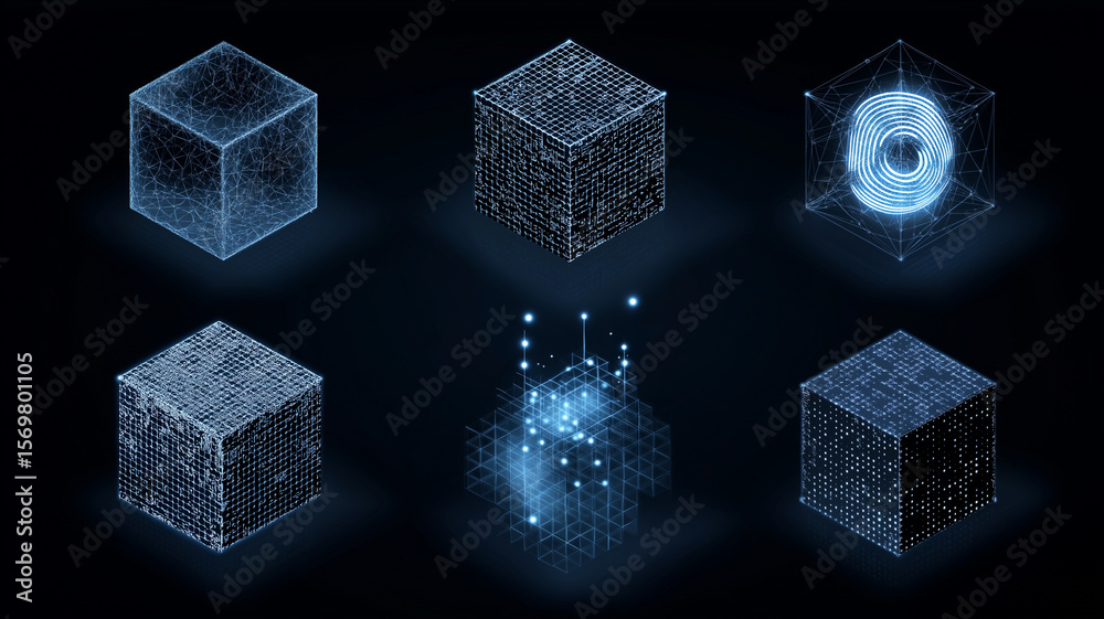 Poster Digital cubes with glowing wireframes and particle effects represent blockchain technology concepts. futuristic design highlights data networks and digital connections, evoking innovation