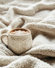 Cozy Winter Coffee Mug on Soft Textured Blanket with Snowflake Design