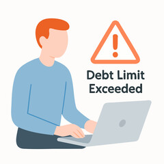 Flat Illustration of Man with Laptop and Debt Limit Exceeded Sign