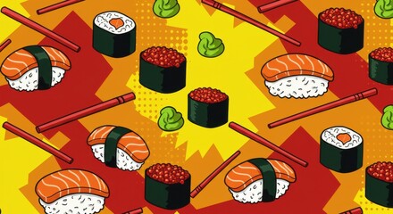 Vibrant pop art sushi pattern with chopsticks and wasabi