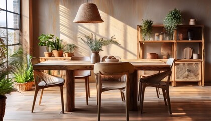 rustic wooden dining room interior with table plants and warm sunlight