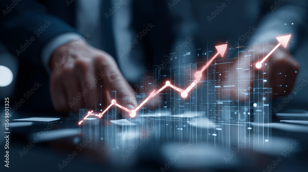 Poster Person in suit is analyzing data with futuristic digital graph showing upward trends, symbolizing growth and success in business strategy