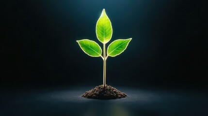 Fresh Green Plant Seedling Growing from Dark Soil Against Black Background