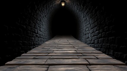 Dark Stone Tunnel with Lantern Lighting and Cobblestone Pathway in Low Light