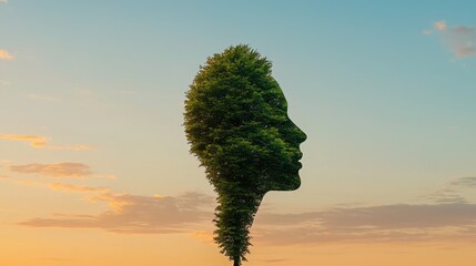 Surreal Silhouette of a Woman's Face Formed by Lush Green Trees Against Sunset Sky